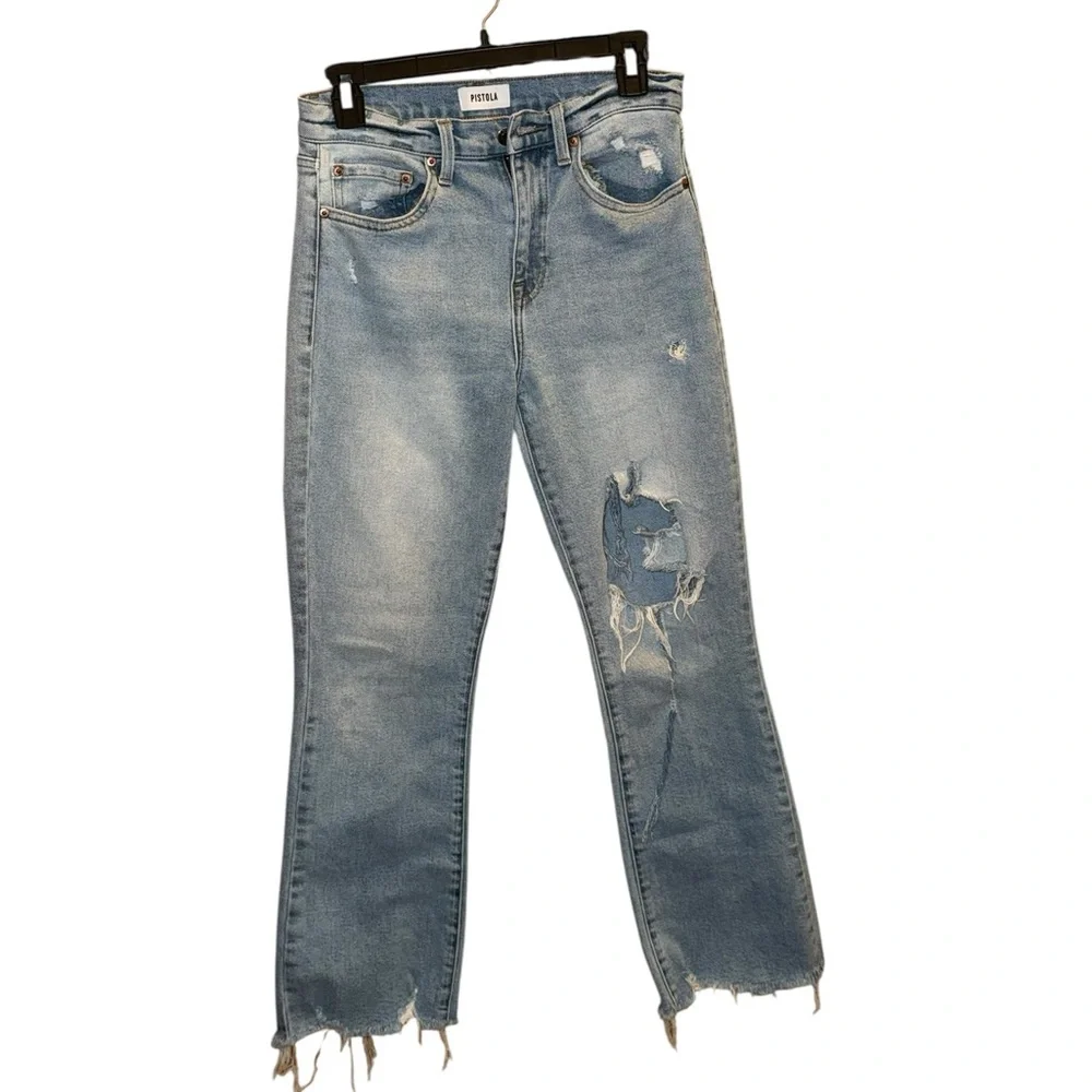 PISTOLA High Rise Medium Blue Distressed Ripped Straight Leg Women’s Jeans 28 - Picture 3 of 11